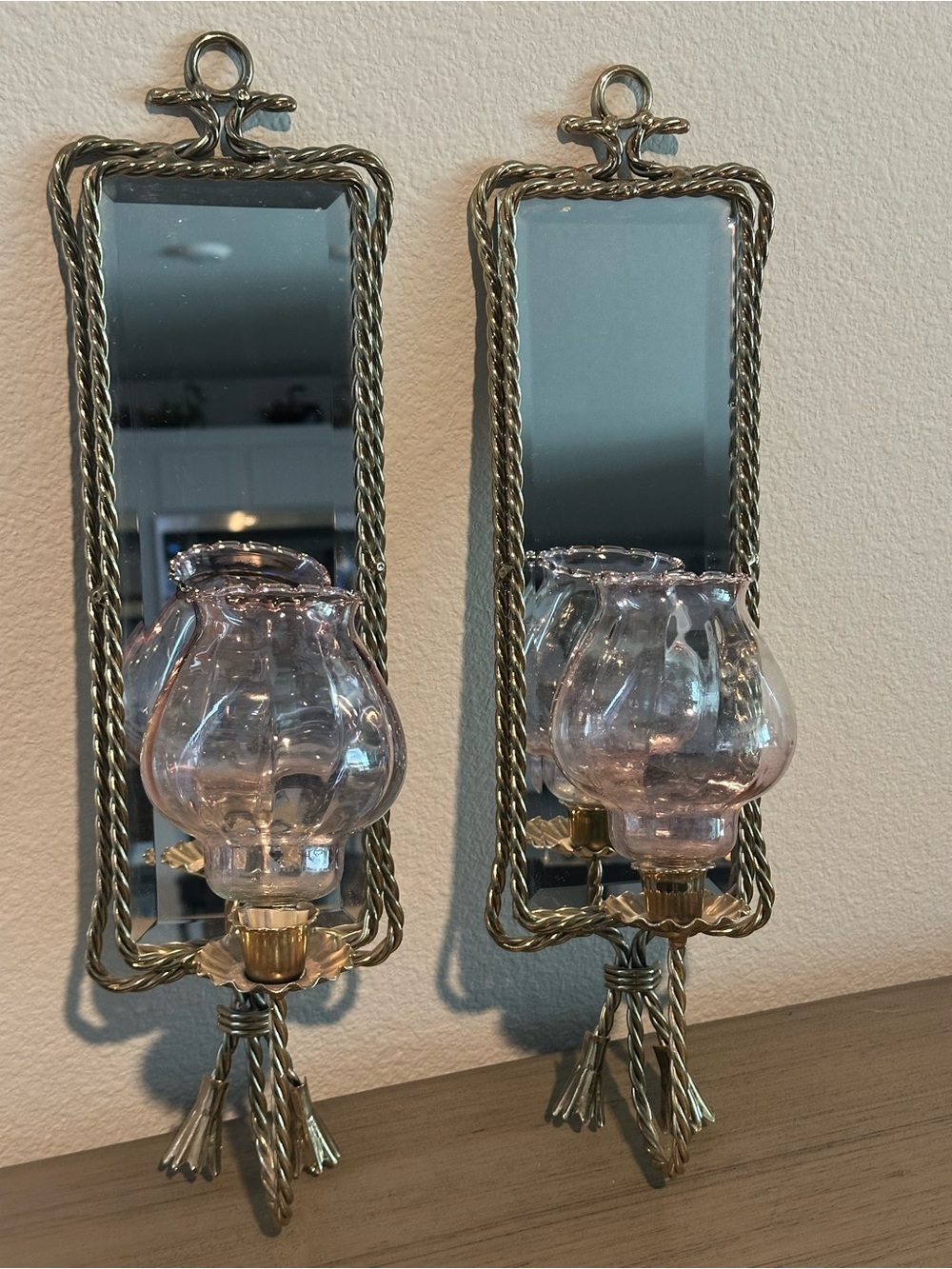 Vintage gold color metal  Rope Wall Sconces with Pink Glass Shades (Pair)